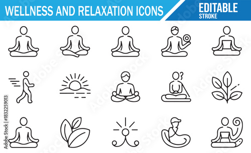 Meditation, breathing and mindfulness linear icons for health and wellness design