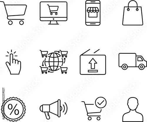 E-commerce icons, shopping cart, mobile storefront, delivery truck, discount badge, online purchase, black and white, flat vector illustration