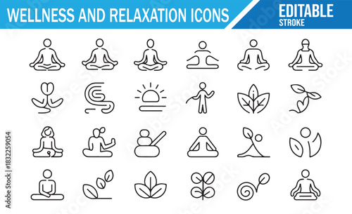 Wellness and relaxation outline icon set with meditation, yoga, spa, breathing, balance, mindfulness and nature symbols for health, harmony and lifestyle design