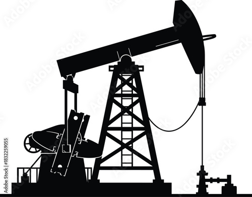 Oil pumpjack silhouette, energy production, fossil fuel extraction, nodding donkey, black outline, flat vector illustration