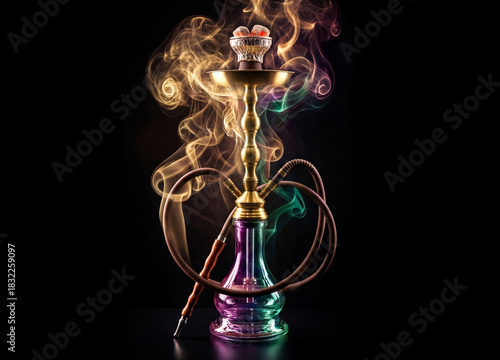 A luxurious hookah with intricate gold detailing on a sleek black background