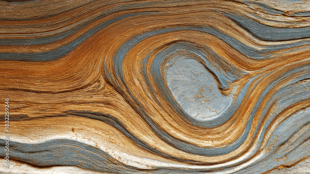Fototapeta premium Close-up of weathered wood or natural fiber, showcasing a unique swirling grain pattern with rich earthy brown and muted blue-grey tones.