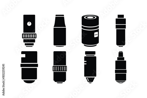 Camera Lens Silhouette Icons Set Vector