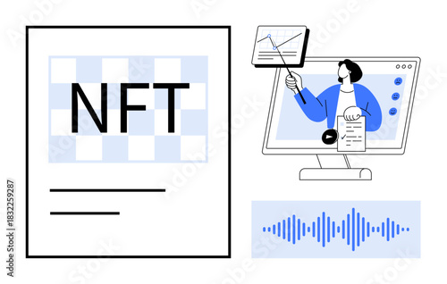 NFT concept. NFT empowering digital ownership in blockchain systems. NFT digital certificates linked to assets thumbs up art and audio. Perfect for technology, digital art, blockchain