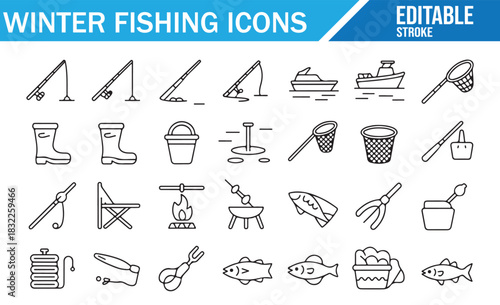 Outdoor winter fishing gear linear pictograms set for sport branding
