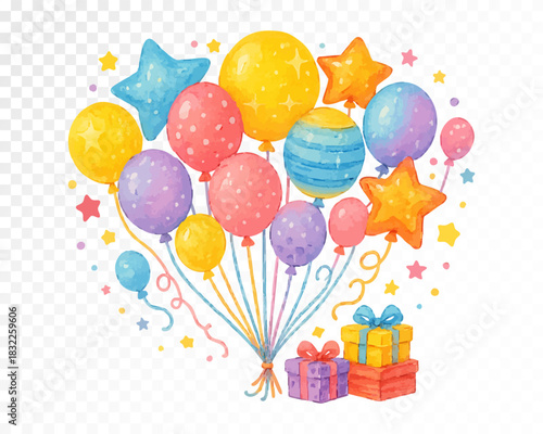 Watercolor festive balloon composition with colorful star balloons, dotted round balloons, sparkling confetti and wrapped gift boxes, perfect for cheerful party decor and joyful celebration designs.