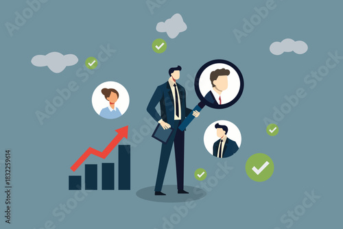 Recruitment and Talent Acquisition Concept. Businessman Magnifying Profile to Select New Employee, Human Resources Search, and Successful Hiring.