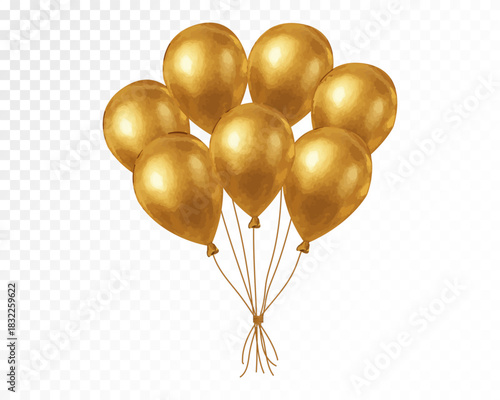 Watercolor gold balloon bouquet with shiny festive texture, soft reflective shading and elegant inflated shapes tied together for party decor, celebrations and creative holiday designs. Vector