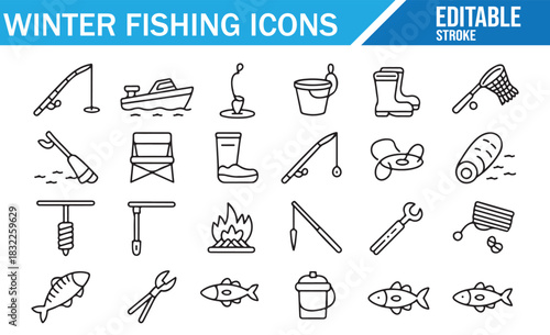 Winter fishing outline icon set with ice fishing tools, equipment, bucket, rod, auger, chair, fire and fish symbols for cold season outdoor sport design