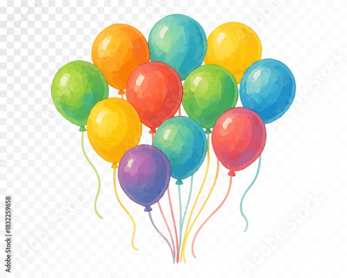 Watercolor colorful balloon bouquet with bright glossy shading, cheerful festive tones and soft textured highlights perfect for party decor, birthday celebrations and joyful creative designs. Vector