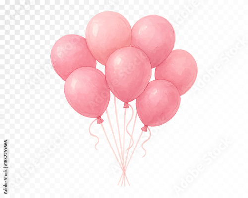 Watercolor pink balloon bouquet with soft glossy highlights, gentle pastel tones and smooth festive texture perfect for birthday parties, baby showers, cute decor and creative designs. Vector