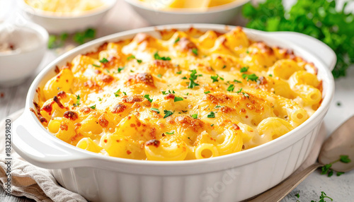 Gouda mac and cheese in a casserole dish, closeup. AI