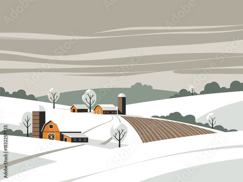 Stylized illustration of a winter farm scene with snowcovered hills and farm buildings