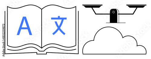 Open book with language symbols, scale balancing above a cloud. Ideal for language, justice, education, equality, technology, culture communication. Clean simple flat metaphor