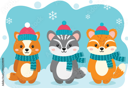 Three cartoon woodland animals wearing winter hats and scarves in the snow