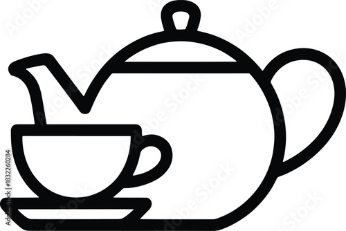 Black line art teapot and cup on saucer simple graphic icon white