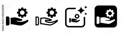 Hand with gear icon representing facilities maintenance and services in black vector illustration
