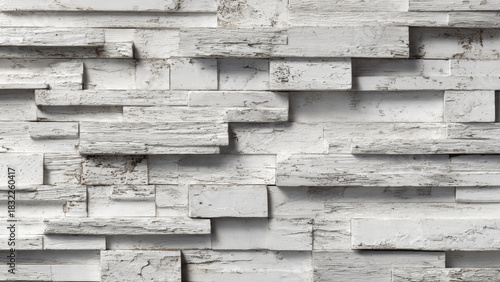 Fototapeta Naklejka Na Ścianę i Meble -  Textured wall of stacked, distressed white wooden planks, creating a captivating 3D effect. Weathered paint and visible grain define its rustic appeal.