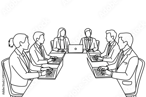 A diverse group of professionals collaborates around a conference table, each working on their laptops during a business meeting.
