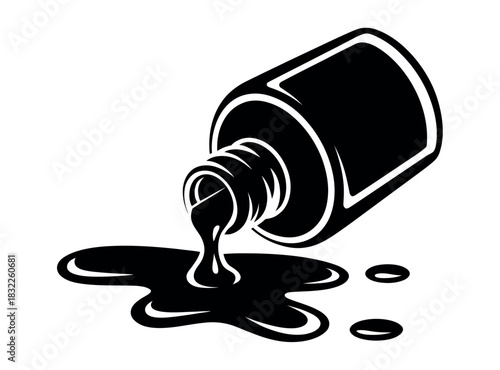 A bottle of black nail polish is spilled on a white background, with drops of polish creating puddles and small circles.