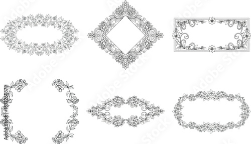Collection of six ornate vintage frames with floral decorations isolated on transparent background, perfect for invitations