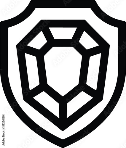 Black shield with faceted gem icon on white background jewel protection