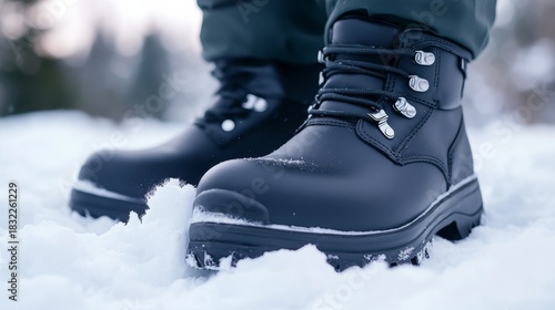Black Leather Work Boots in Snow, Winter wear, Footwear