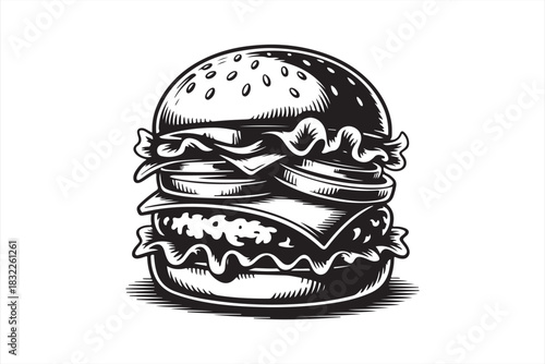Classic beef burger monochrome illustration for food branding