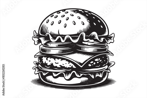 Juicy burger black and white illustration isolated on white