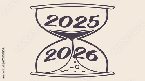 Stylized vector image in the shape of an hourglass, where the sand forms the number 2025 at the top and falls to form the number 2026 at the bottom.