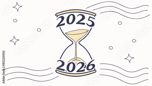 Stylized vector image in the shape of an hourglass, where the sand forms the number 2025 at the top and falls to form the number 2026 at the bottom.