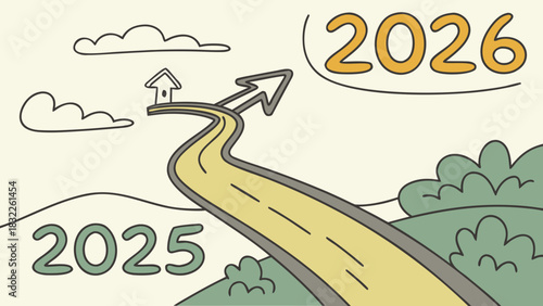 An ascending road vector with the numbers 2025 at the beginning and 2026 at the top of the route, representing journey and progress.