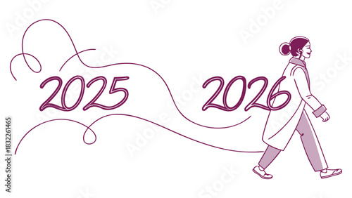 Continuous line vector illustrating the passage of time, starting in 2025 and flowing to the number 2026, elegant and fluid style.