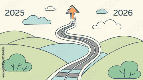 An ascending road vector with the numbers 2025 at the beginning and 2026 at the top of the route, representing journey and progress.