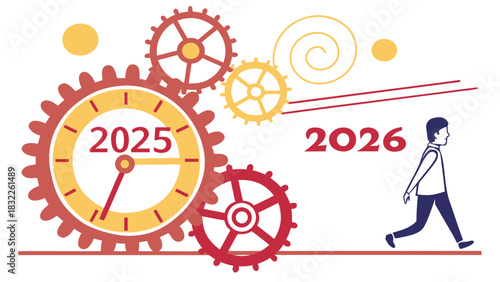 Vector of stylized gears and clock driving the number “2025” which gradually transforms into “2026”, vibrant palette.