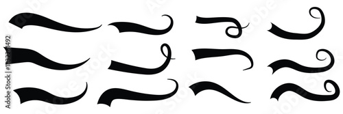 Swoosh and swash tails line collection. Swooshes text tail for baseball design. Typography tails shape for football or athletics sport team sign text. Vector illustration. texting tails swirl swash 