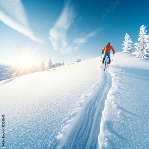 Fat Bike Adventure Snow Trail Biking in Winter Sunlight, snow biking, winter sport