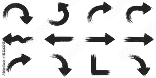 Collection of grungy ink brush stroke arrows pointing various directions