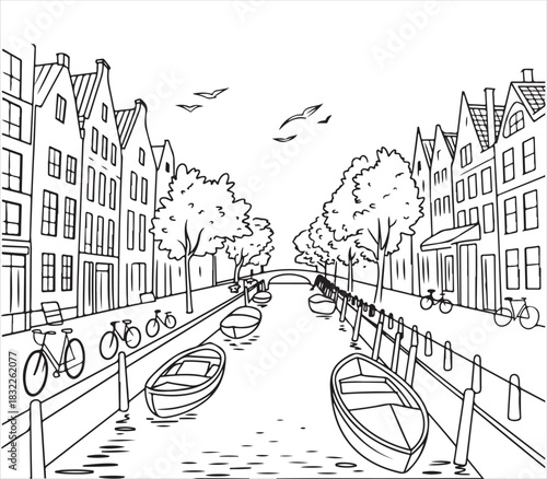 Urban riverside street sketch with boats and classic buildings