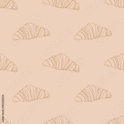 Seamless pattern with monoline croissants on a soft beige background. Ideal for bakery branding, café packaging, textiles, wrapping paper, kitchen decor, and food-themed designs.