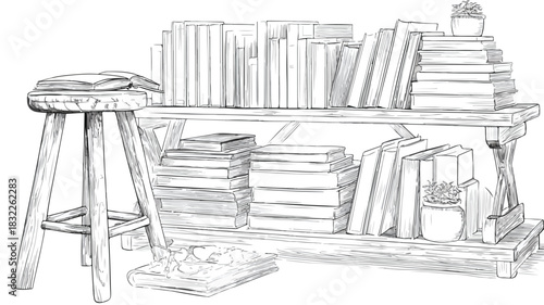 Modern Book Shelf with Books and Stool Vector Illustration