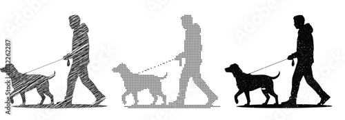Man walking dog silhouette with halftone and crosshatch texture variations