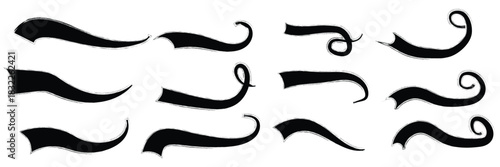Swoosh and swash typography tails shape. Underline retro swoop wave line for athletic tshirt. Vector strockes set. Vector black sport tails. Swoosh silhouette elements for baseball, football or athlet