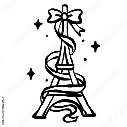 Eiffel tower ribbon bow line art paris new year celebration cute parisian aesthetic doodle illustration minimalist festive clipart design