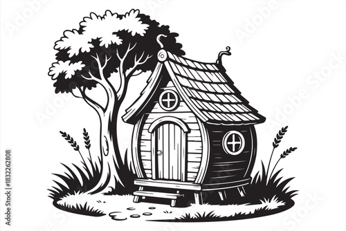 Storybook fantasy cabin with tree silhouette illustration