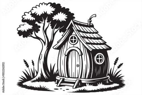 Fairytale cottage house silhouette vector isolated on white