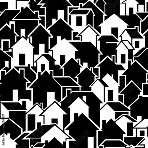 Black and white house icons, seamless pattern, urban landscape, home silhouettes