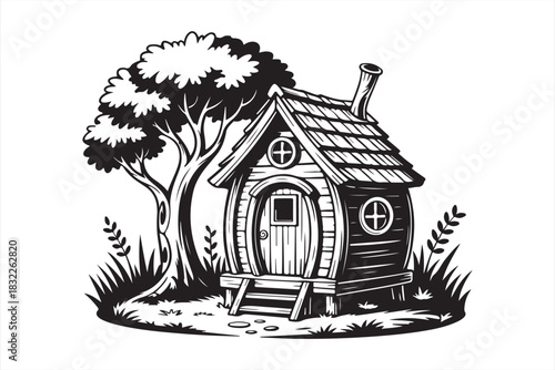 Fairytale cottage house with tree silhouette illustration isolated on white background, storybook fantasy home vector for children book, folklore, rural landscape and imagination concepts