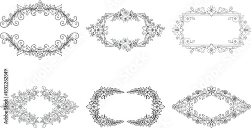 Collection of six ornate floral frames, perfect for adding a touch of elegance to any design project isolated on transparent background