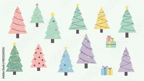 Collection of christmas trees with lights and star toppers in pastel colors and gift boxes layout